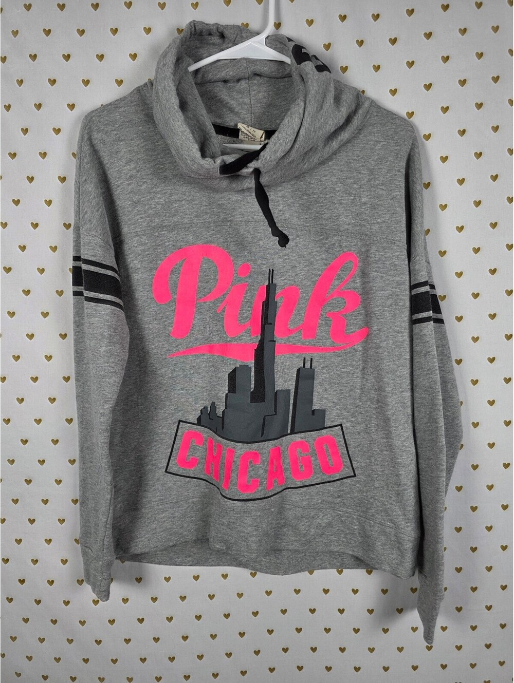 PINK Victoria's Secret Chicago Skyline Gray Cowl Neck Hoodie Sweatshirt XS